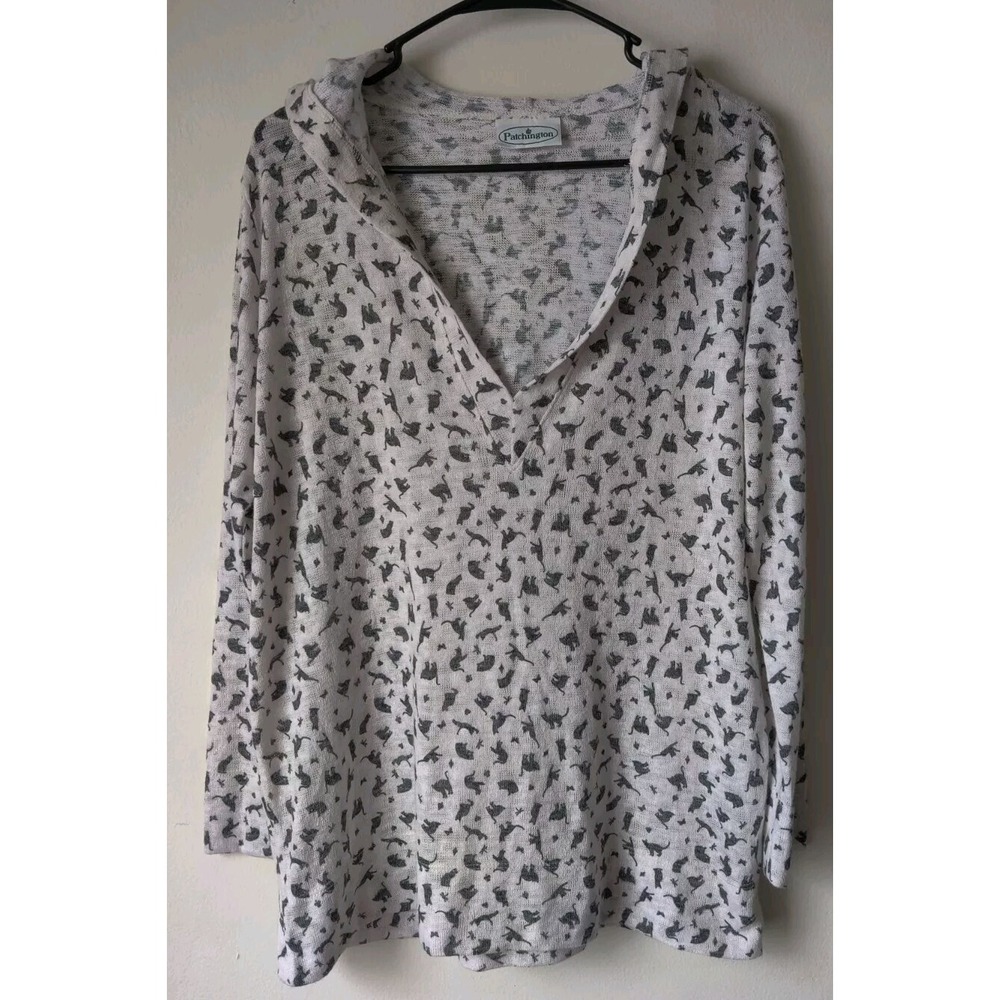 Patchington‎ White Black Cat V Neck Long Sleeve Lightweight Hoodie Size Medium